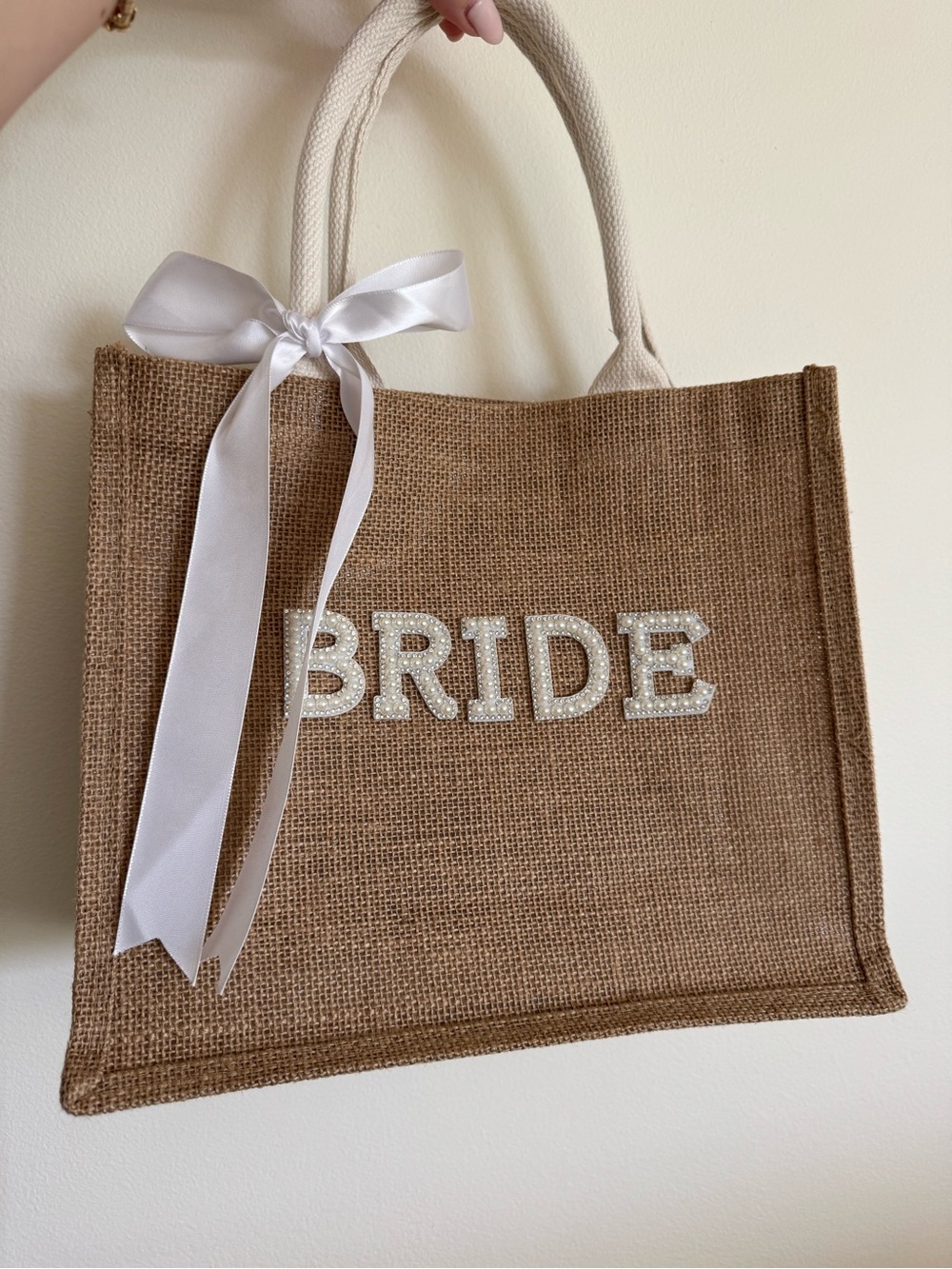 Bride Burlap Tote Bag with White Ribbon
